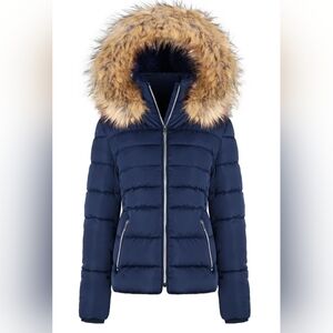 Elegant Navy Puffer Jacket with Faux Fur Hood